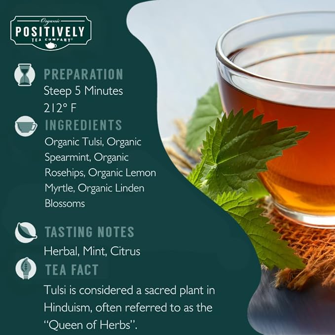 Organic Positively Tea Company, Herbal Tea, Refreshing Botanical Blend with Tulsi, Spearmint & Rosehips, Loose Leaf, 16 Ounce