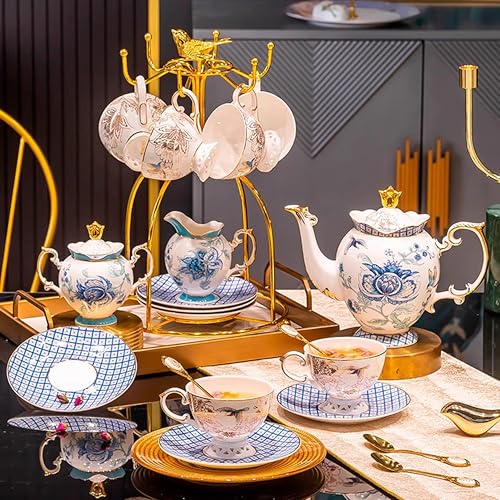 Blue Floral Porcelain Tea Set with 6 Cups and Saucers