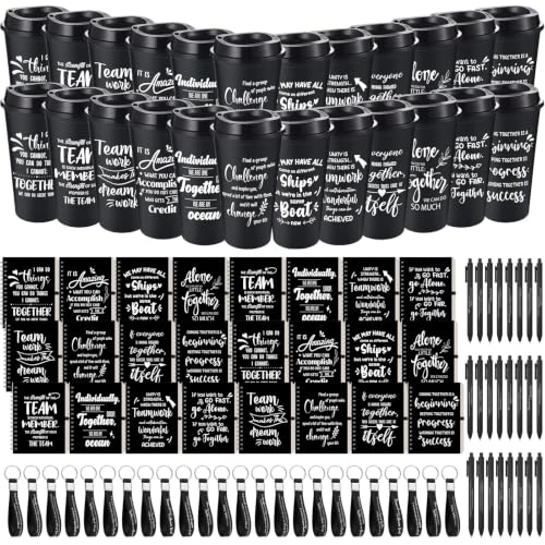 24 Set 96 Pcs Team Appreciation Gift Set Inspirational Employee Appreciation Gift Bulk 16 oz Coffee Cups with Team Notebook Pen Keychains for Staff Teacher (24 Count)