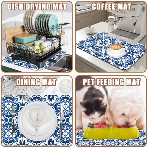 Dish Drying Mat Blue Portuguese Tiles Coffee Bar Mat for Countertop