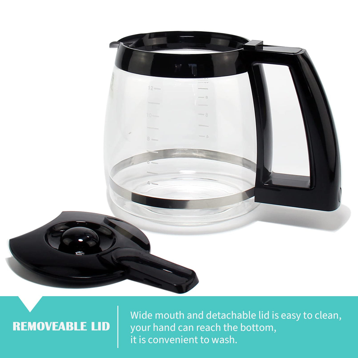 Glass coffee carafe showing comfortable handle