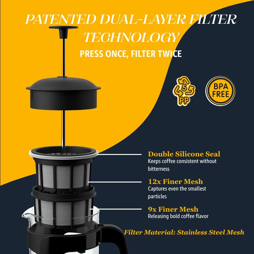 ESPRO - P3 French Press Coffee Maker – Patented Double Microfilter for Sludge and Grit Free Coffee, Black, 18 oz - Blissbrew