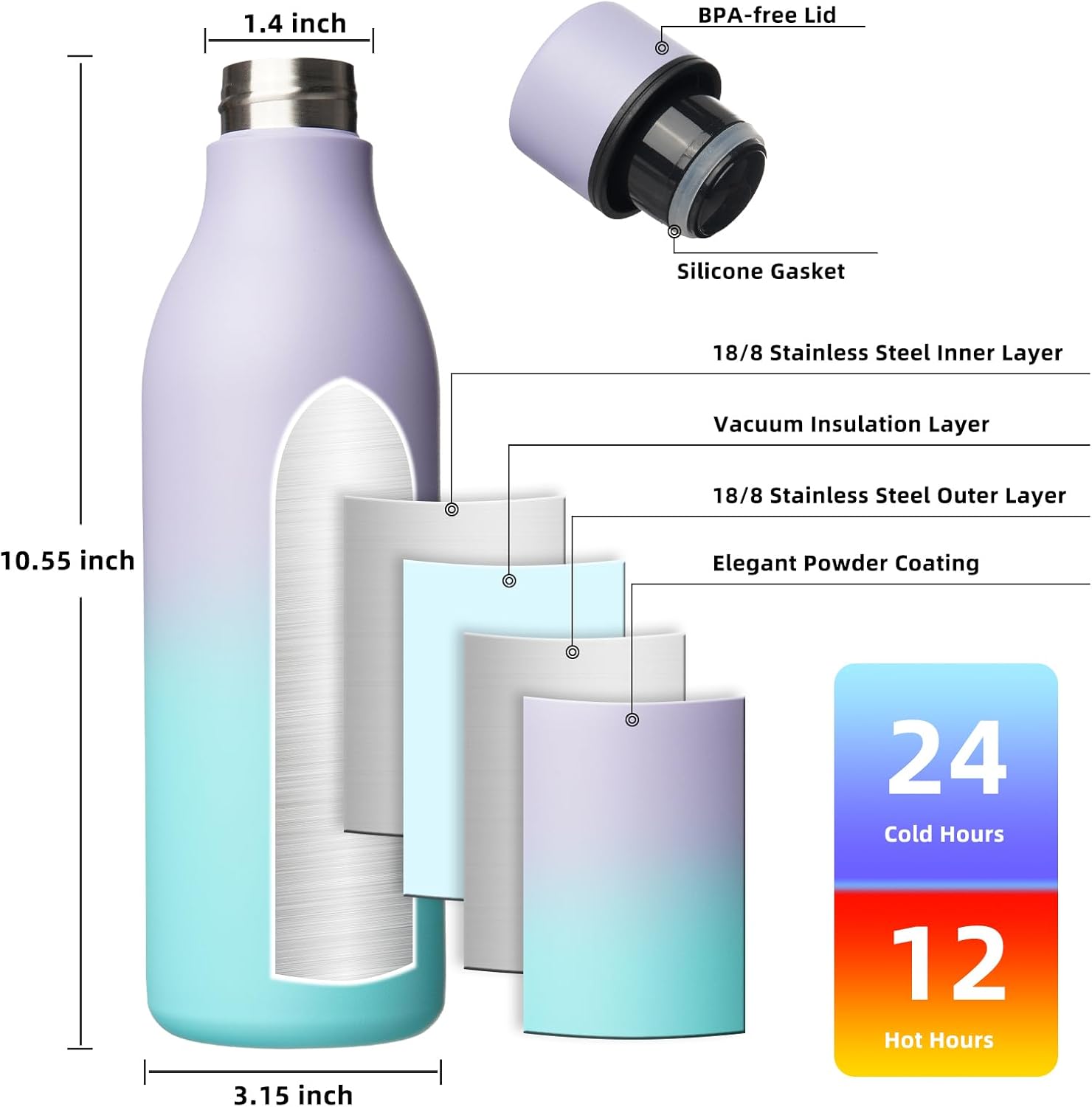 BJPKPK Insulated Water Bottles, 25 oz Stainless Steel Metal Water Bottle with Strap, BPA Free Leak Proof Thermos, Mugs, Flasks, Reusable Thermos for Sports & Travel, Lavender Mint