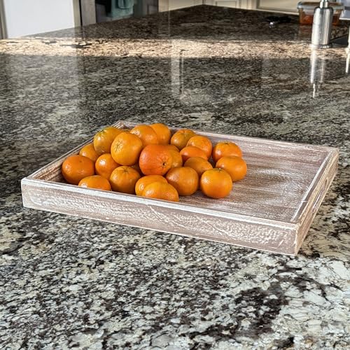 Wooden Tray 17"x13"x2" Vintage Beige Rectangle Stylish Rustic Farmhouse Decor Serving Platter