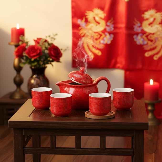Chinese Tea Set Traditional Red Ceramic with Chinese Teapot and 6 Porcelain Teacups, Asian Gongfu Style Collection for Tea Ceremony, Chinese Wedding Gift with Fabric Box