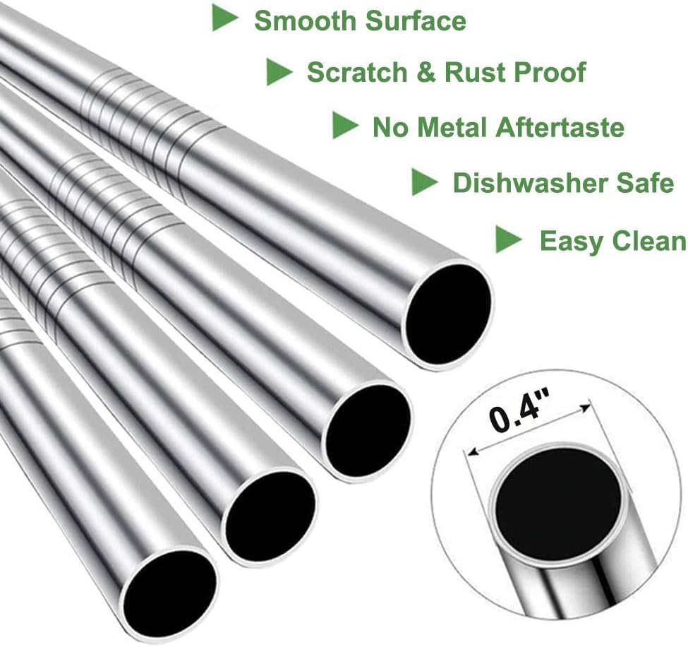 4 Pack 0.4" Wide Bore Reusable Stainless Steel Metal Smoothie Straws (4 Count)
