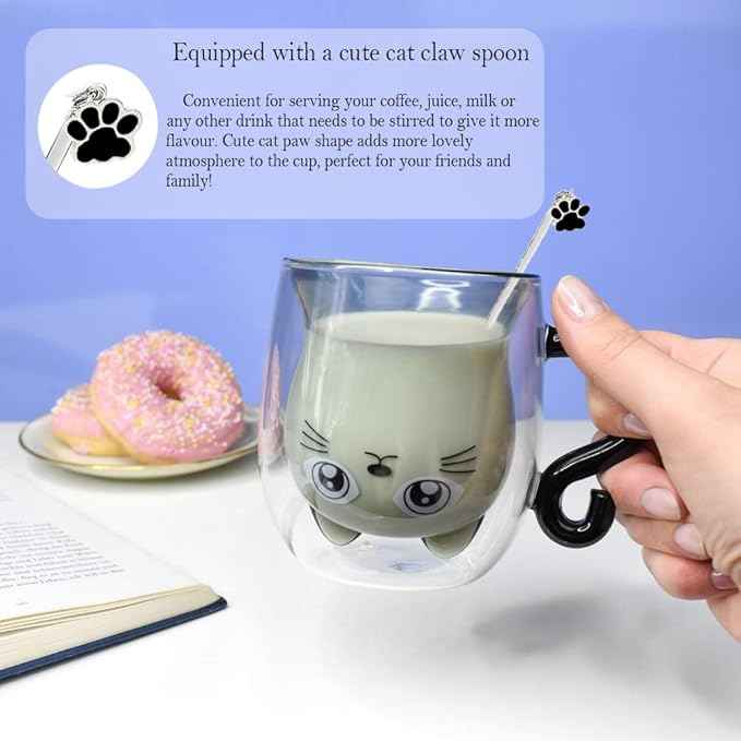 Black Cat Mug Cute Mug with Handle Double Walled Coffee Mugs Kawaii Cat Presents for Women Glass Mugs Tea Cup Cute Birthday Gifts for Cat Lovers Ideas Halloween Christmas