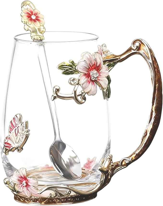 Flower Glass Coffee Tea Cup With Spoon Set Ideal Gifts For Mom Women Christmas Stocking Stuffers Valentine's Day Birthday Gifts For Her Girlfriend Wife Nice Present From Daughter Son (Red-Tal)