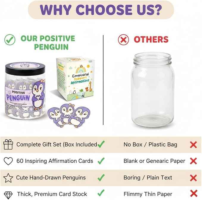 Positive Penguin Purple Jar with 60 Affirmation Cards, Emotional Support Penguin Gift, Penguin Gifts for Women, Best Friend Birthday Gifts, Funny Birthday Cards, Penguin Figurines and Penguin Decor