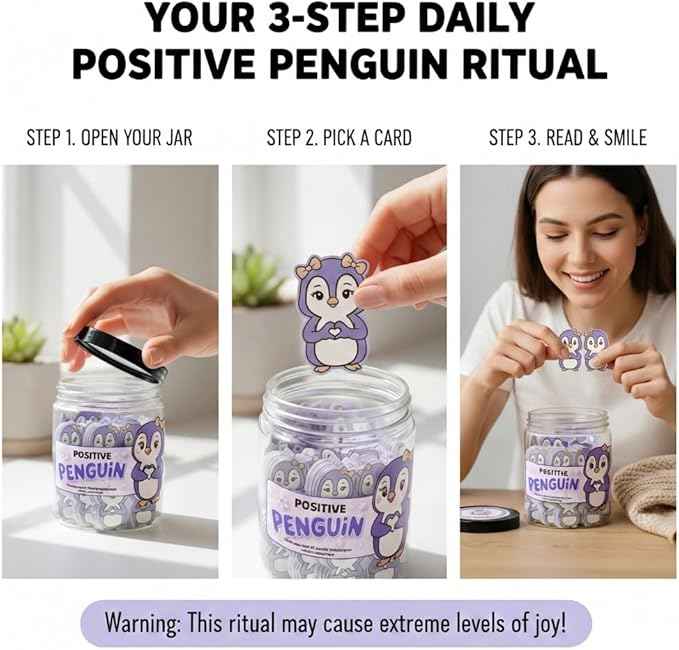 Positive Penguin Purple Jar with 60 Affirmation Cards, Emotional Support Penguin Gift, Penguin Gifts for Women, Best Friend Birthday Gifts, Funny Birthday Cards, Penguin Figurines and Penguin Decor