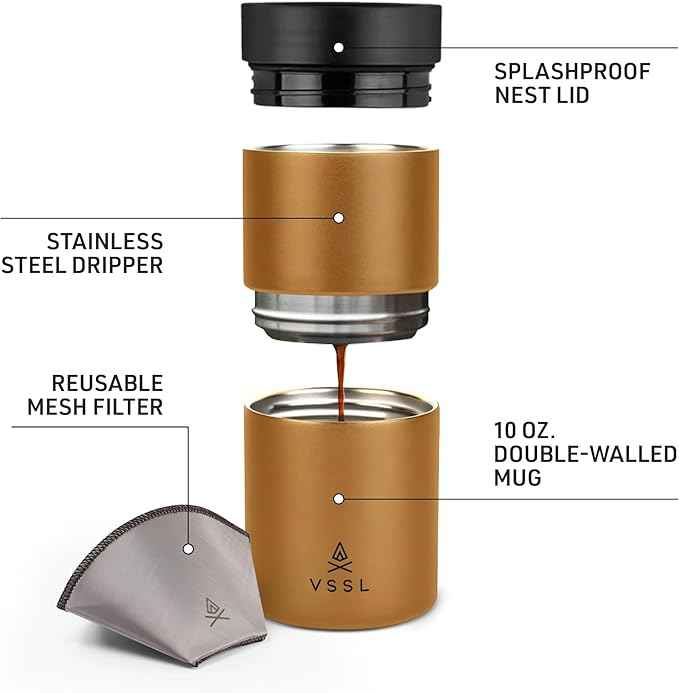 VSSL - Nest Pour Over Coffee Set | Coffee Maker for Camping | All-In-One Travel Pour Over | Transportable Dripper, 10oz Stainless Steel Travel Mug | Compact Storage & Adventure Ready | Sahara
