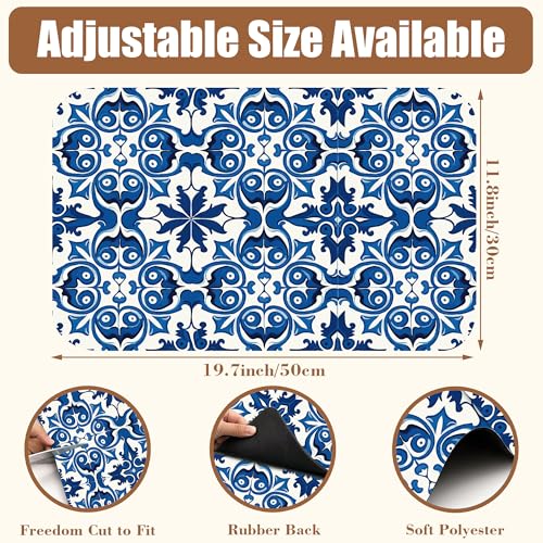 Dish Drying Mat Blue Portuguese Tiles Coffee Bar Mat for Countertop Absorbent Rubber Backed Hide Stain Dish Drainer Rack Pad Espresso Machine Cafe Table Dining Room Decoration 11.8 x 19.7 Inch