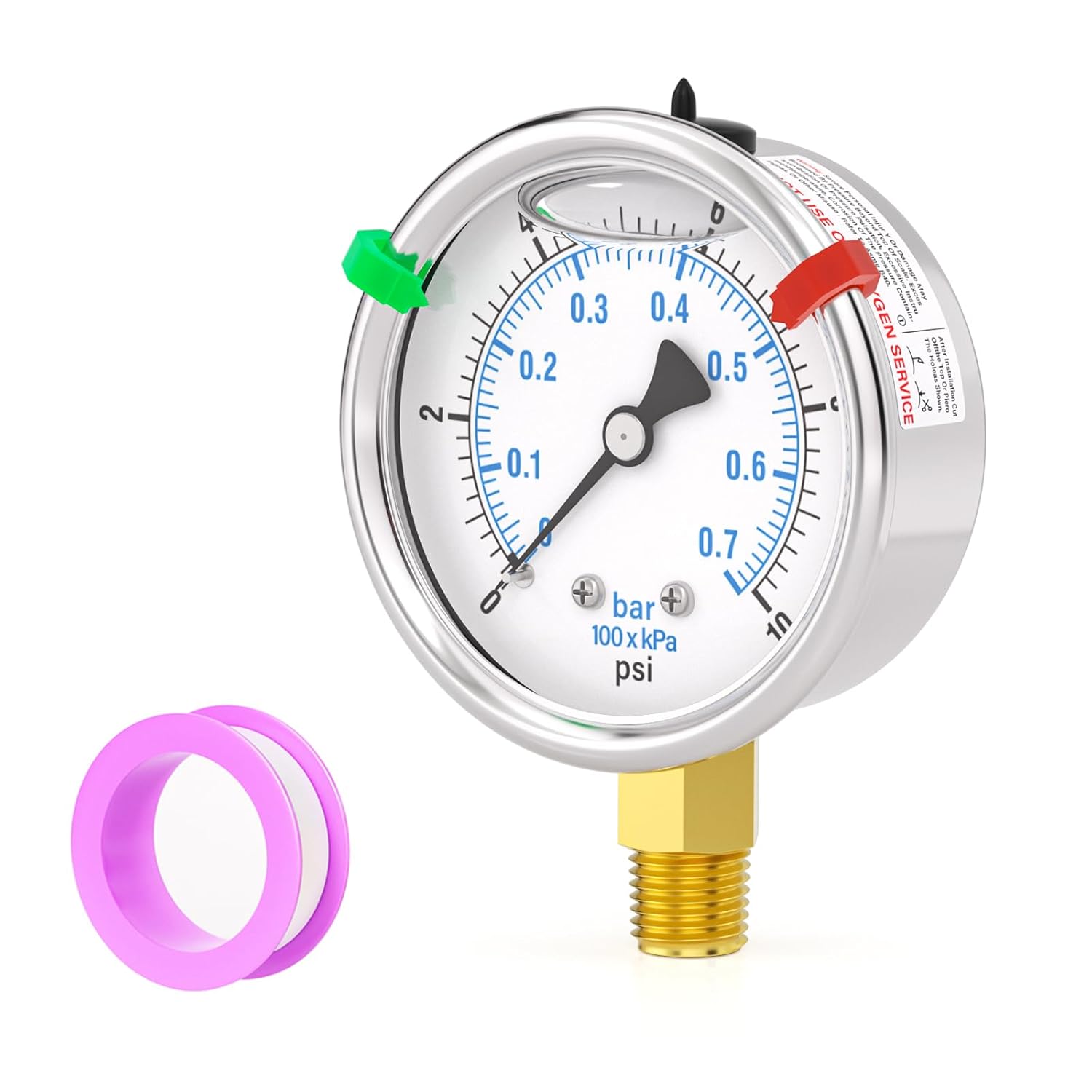 0-10PSI Stainless Steel Liquid Filled Pressure Gauge, 2.5