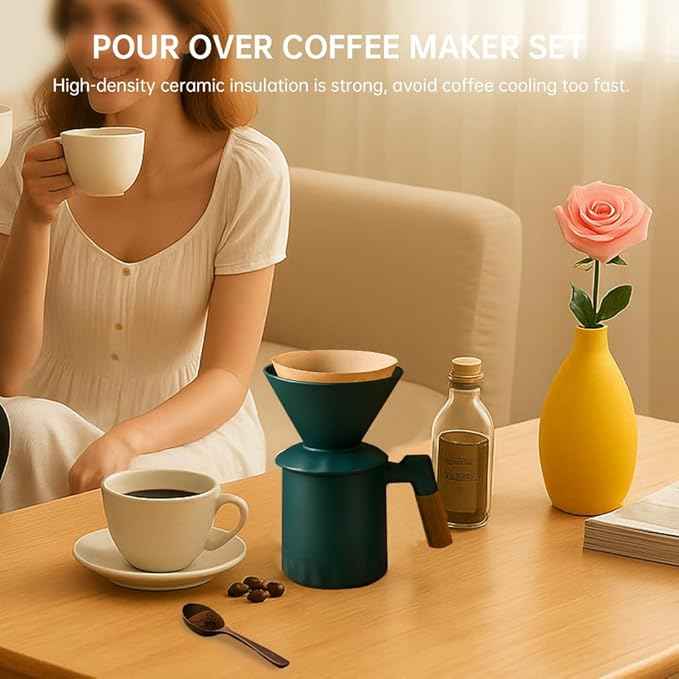 Pour Over Coffee Maker Set, Ceramic Pour Over Coffee Dripper 15.5oz/450 ml with 25 Pcs V60 Paper Filter, Coffee Pour Over Set for Camping, Green