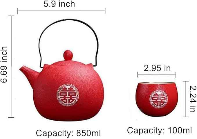 Red Chinese Wedding Tea Set - Traditional Ceramic Double Happiness Tea Ceremony Set with 1 Teapot, 8 Teacups, Gift Box - Chinese Tea Set for Engagements, Bridal Showers and Couples' Gifts