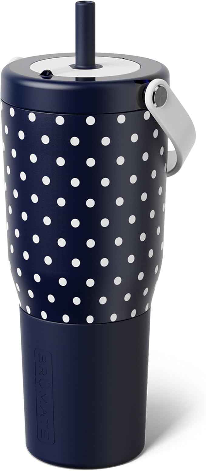 BrüMate Resa 35oz 100% Leakproof Tumbler w/Handle & Straw | Flexible SoftSip Straw | Silicone Sleeve for Durability | Stainless Steel | Cup Holder & Travel Friendly Water Bottle (Navy Polka Dots)