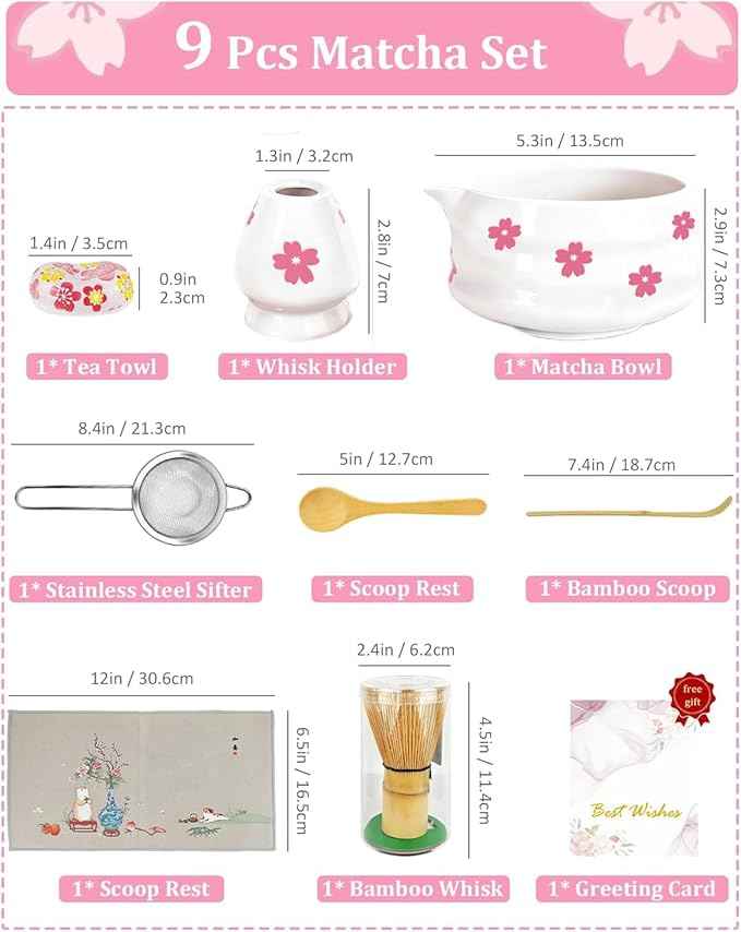 8Pcs Cute Ceramic Matcha Set with Whisk Bowl, Matcha Tea Kit Holder, Bamboo Scoop, Sifter, Towel Included, Valentine's Mother's Day Gift for Matcha Lover Women (White Sakura)