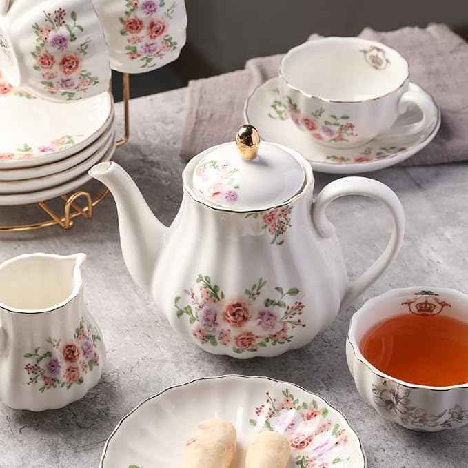 Porcelain Tea Sets British Royal Series, 8 OZ Cups & Saucer Service for 6, with Teapot Sugar Bowl Cream Pitcher Teaspoons and Tea Strainer, Suitable for High Tea, Wedding, Party（Rose Flower）