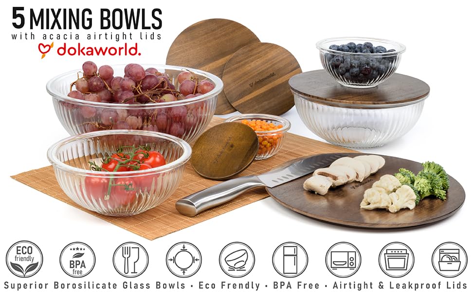 Stackable Glass Mixing Bowls with Acacia Lids Set of 5