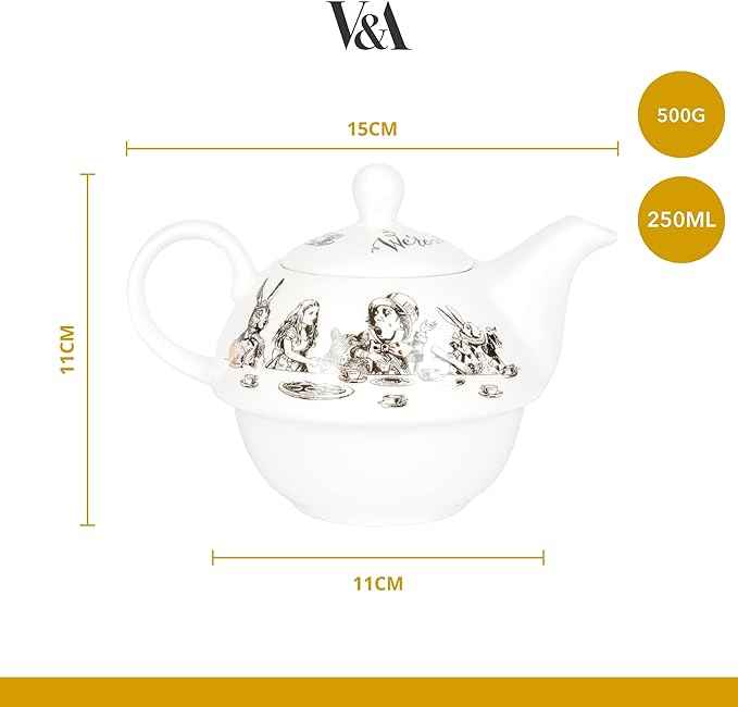 V&A Alice in Wonderland Teapot and Cup Set For 1 in Gift Box, Fine China Tea Set, White, 250 ml