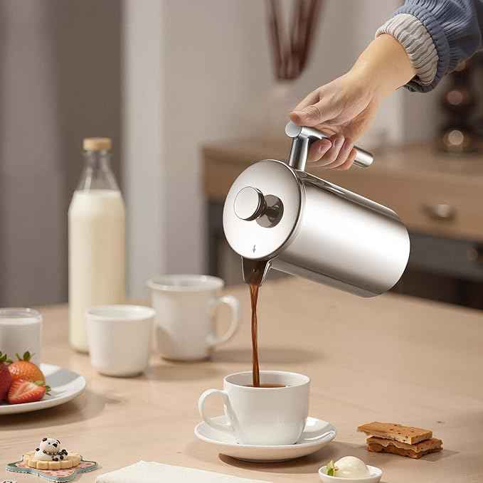 VEVOR French Press Coffee Maker, 34 Ounce 1 Liter Stainless Steel Coffee Press Tea Maker with Filter, Large Double Wall Insulated French Presses Cold Brew for Camping Travel Home Kitchen, Silver