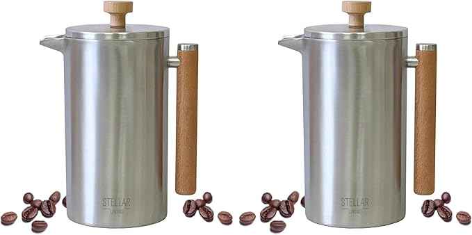 Stellar Living 34 OZ Stainless Steel French Press Coffee Maker with Double Vacuum Insulation, Maximum Flavor Coffee Brewer, Tea and Coffee Press, Camp Coffee Maker - Matte Silver with Wooden Handle