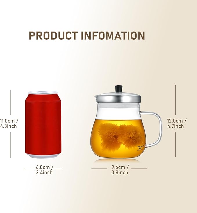 400ml (13.52 oz) Glass Teapot with Stainless Steel Strainer, Clear Teapot for Stovetop, Home, Office or Solo Tea Drinking