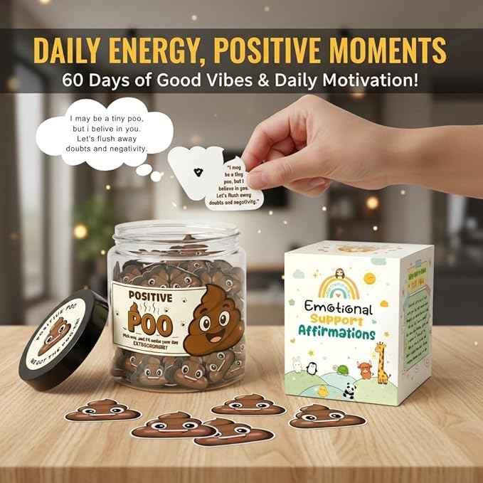 Positive Poo Jar with 60 Affirmation Cards, Emotional Support Poo, Funny Gag for Women, Men, Corwokers, Friends, Poop Emoji Gifts