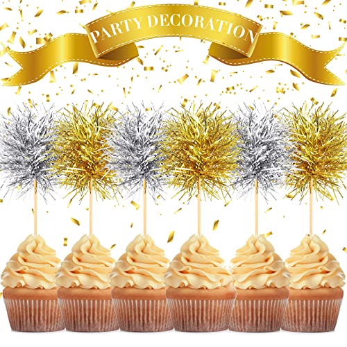 100 Pcs Foil Firework Cupcake Toppers Gold and Silver Sparkle Tinsel Cake Toppers New Year Cake Decoration Cocktail Fruit Toothpick for Birthday Wedding Graduation Party (100 Count)