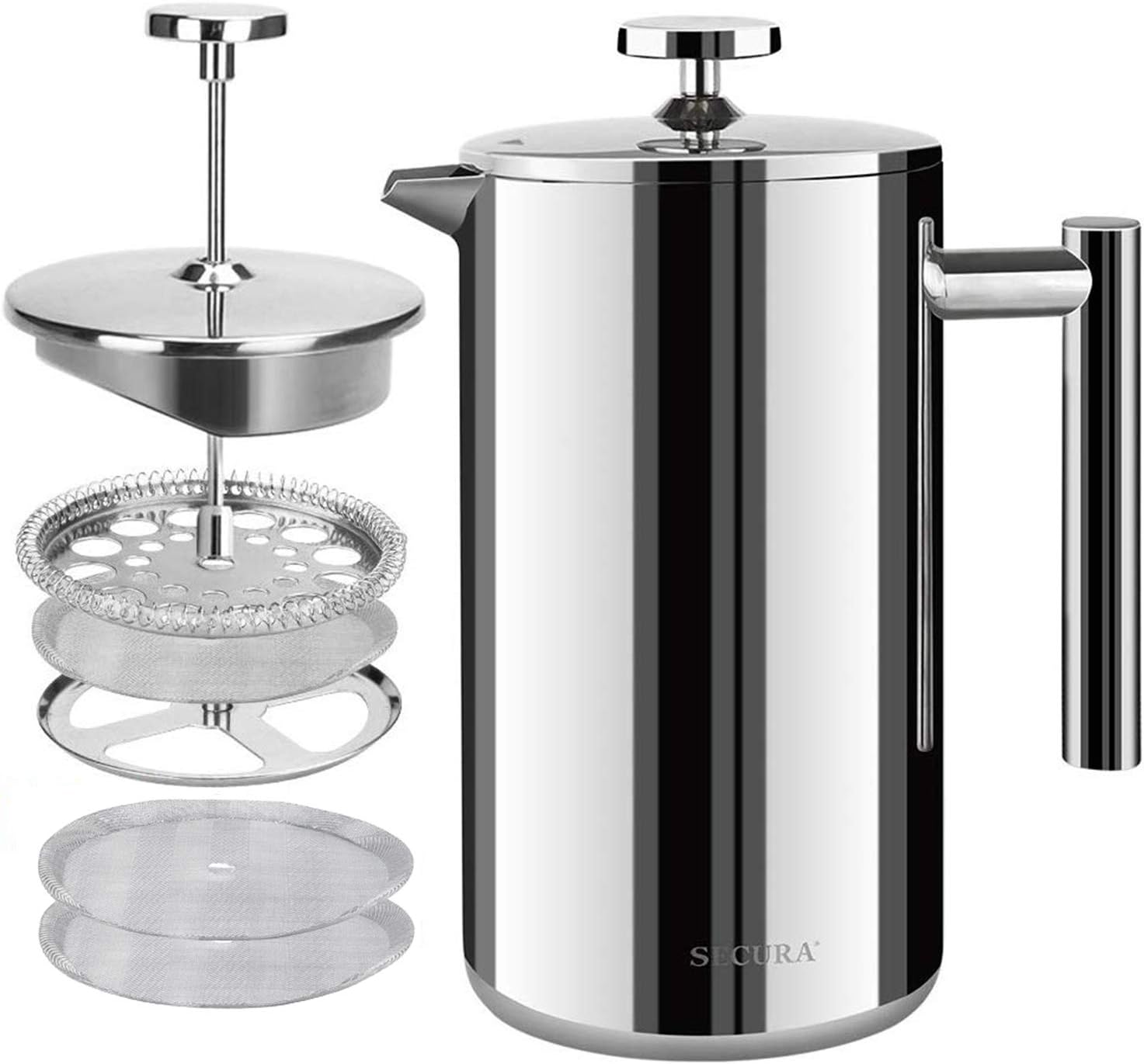 Secura French Press Coffee Maker, 304 Grade Stainless Steel Insulated Coffee Press with 2 Extra Screens, 50oz (1.5 Litre), Silver - Blissbrew