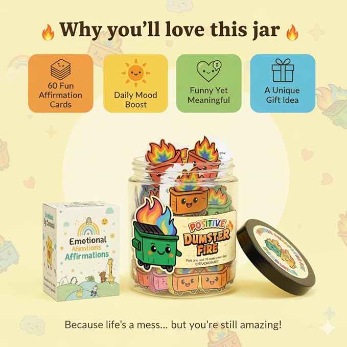 60 Positive Dumpster Fire Cards Jar, Affirmation Cards, Emotional Support, Gag Funny Dumpster Fire Desk Accessories - Zen Garden, Friends Coworkers Gifts for Women, Men
