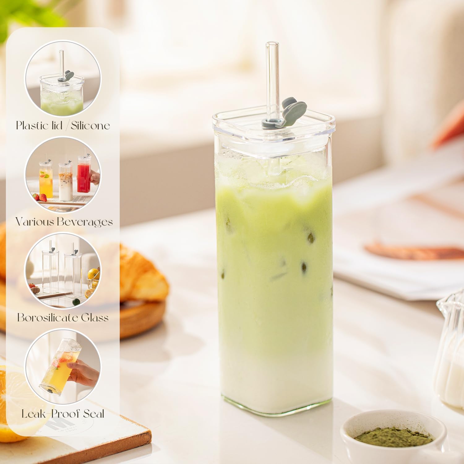 12 Sets Square Drinking Glass Cups with Lids & Straws, 17 Oz Clear Highball Glasses for Cocktail, Iced Coffee, Juice, Beer - Modern Glass Tumblers