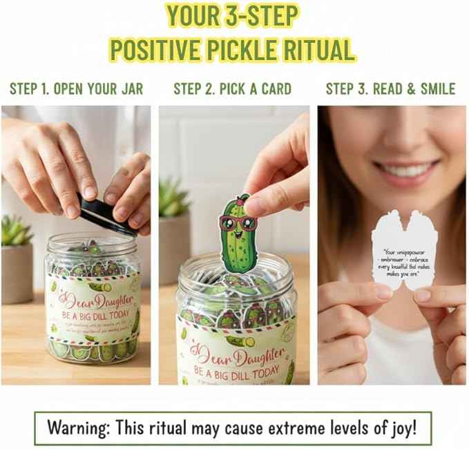60 Positive Pickle Cards Jar for Daughter with Affirmation Cards, Daughters Birthday Gift Ideas from Mom, Dad, Daughter Gifts, Unique Birthday Gifts for Daughter in Law