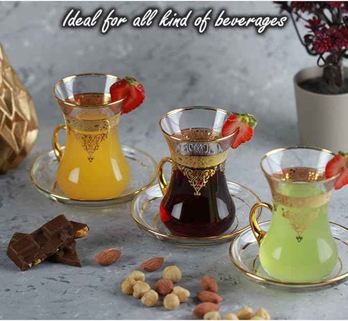 Gold Turkish Arabic Moroccan Tea Glasses Cups Set of 6 and Saucers Glassware Drinking Women Party Fancy Drinkware Style Vintage Persian Kitchen Decor Drinks