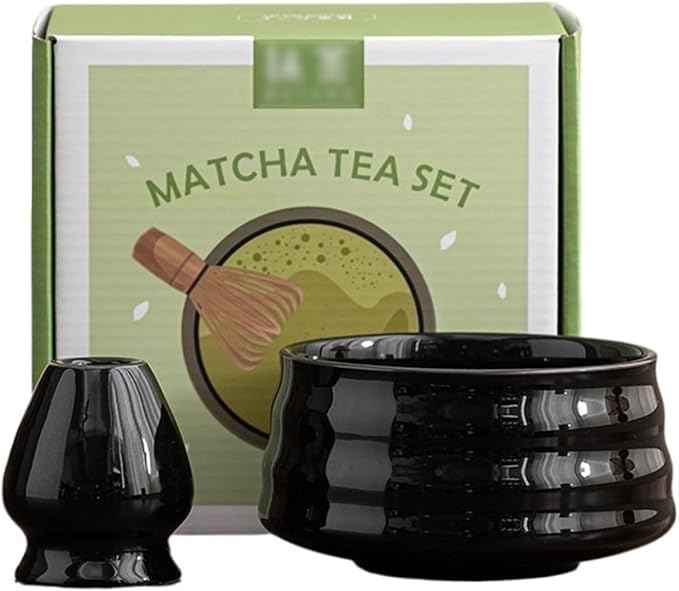 Ceramic Matcha Kit for Breakfast Afternoon Tea Contains Bowl Tea Brush Stand, Visiting Gifts Matcha Bowl Set Entertaining Guests Negotiating Business(Black-B)
