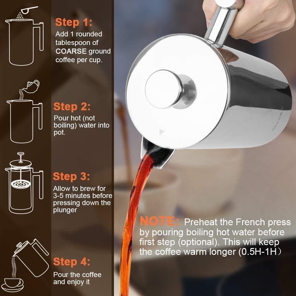 Secura French Press Coffee Maker, 304 Grade Stainless Steel Insulated Coffee Press with 2 Extra Screens, 12oz (0.35 Litre), Silver (SFP-12DS) - Blissbrew