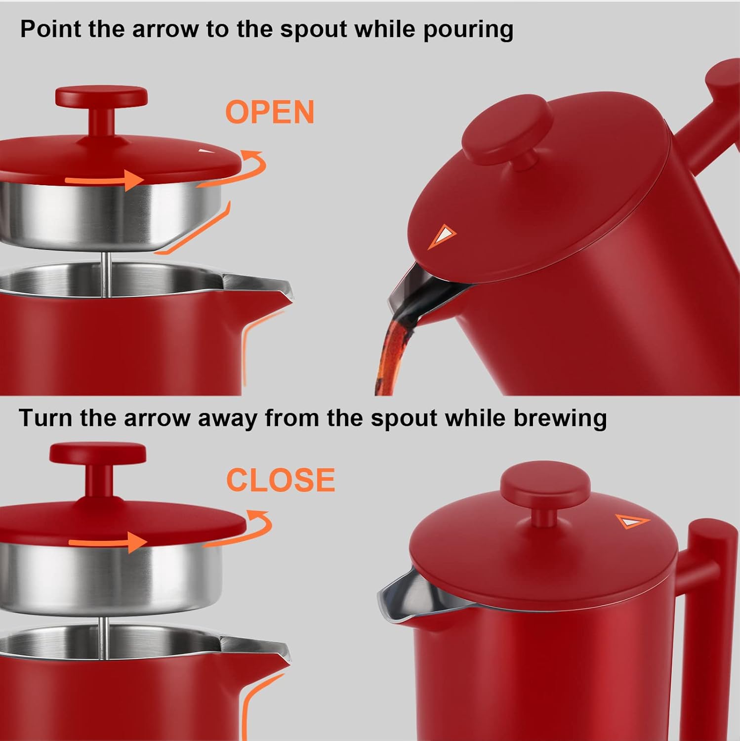 Secura French Press Coffee Maker, Double-Wall 304 Grade Stainless Steel Coffee Press with 2 Extra Screens, 34oz (1L), Red - Blissbrew