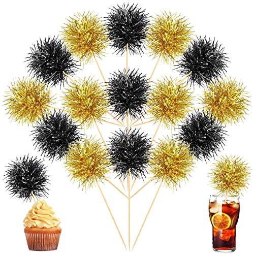100 Pcs Foil Firework Cupcake Toppers Black and Gold Sparkle Tinsel Cake Toppers New Year Cake Decoration Cocktail Fruit Toothpick for Birthday Wedding Graduation Party