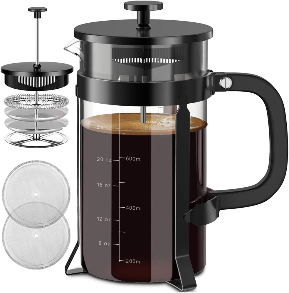 QUQIYSO French Press Coffee Maker 34oz 304 Stainless Steel French Press with 4 Filter, Heat Resistant Durable, Easy to Clean, Borosilicate Glass Coffee Press, 100% BPA Free Glass Teapot, Black - Blissbrew