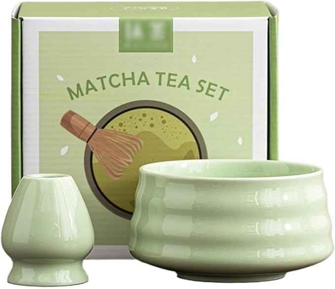 Ceramic Matcha Kit for Breakfast Afternoon Tea Contains Bowl Tea Brush Stand, Visiting Gifts Matcha Bowl Set Entertaining Guests Negotiating Business(Green-B)