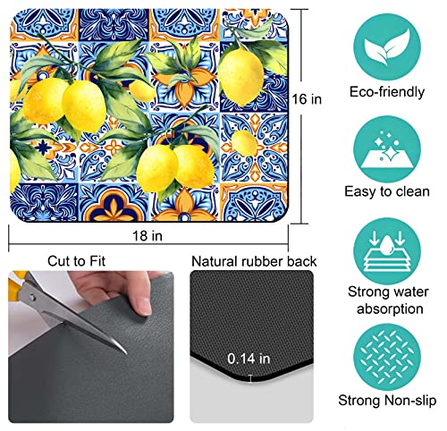 Rubber Dish Drying Mat for Kitchen Counter Large Lemon Washable Quick Home Coffee Pad Fit Under Sink