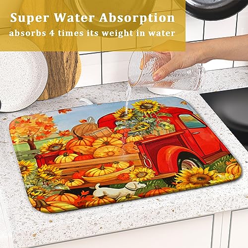 Autumn Pumpkin Red Truck Dish Drying Mat for Kitchen Counter