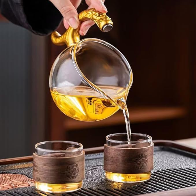Lazy Kungfu Glass Tea Set Heat Resistant Semi Automatic Drip Rotating with Infuser Magnetic Teapot Set for Gongfu Tea Making Ideal (Lotus Fish)