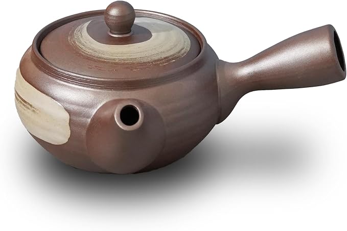 Banko-Yaki Japanese Tea Pot – Traditional Japanese Tea Kettle with Stainless Steel Bottom Strainer – Heat Resistant and Durable Ceramic Teapot for Deep Steamed Tea (White Brush and Brown)