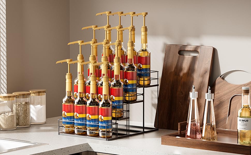 16 Bottle Capacity Coffee Syrup Organizer 4 Tier Coffee Syrup Stand Shelf for Coffee Bar Kitchen Small Wine Rack for Bar Family Storage for Syrup Wine Dressing (13.6 inch(es))