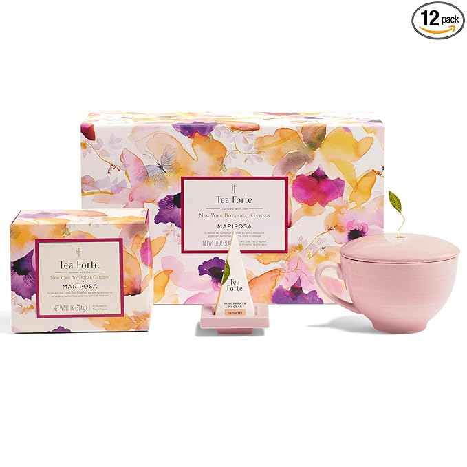 Tea Forte Mariposa 3-Piece Premium Tea Gift Set with Rose Pink Cafe Cup and Lid, Tea Tray and 10 Count Mini Presentation Box, 2 of Each Blend Handcrafted Pyramid Infuser Tea Bags