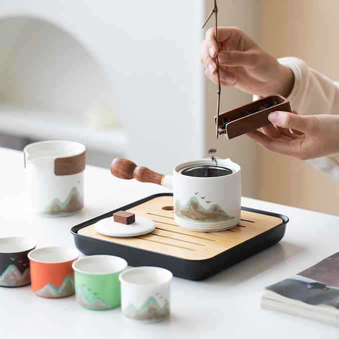 Chinese Tea Set, 7-Piece Ceramic Gongfu Set with Landscape Art, Teapot with Filter, Tea Cups, Serving Tray, Gift Box