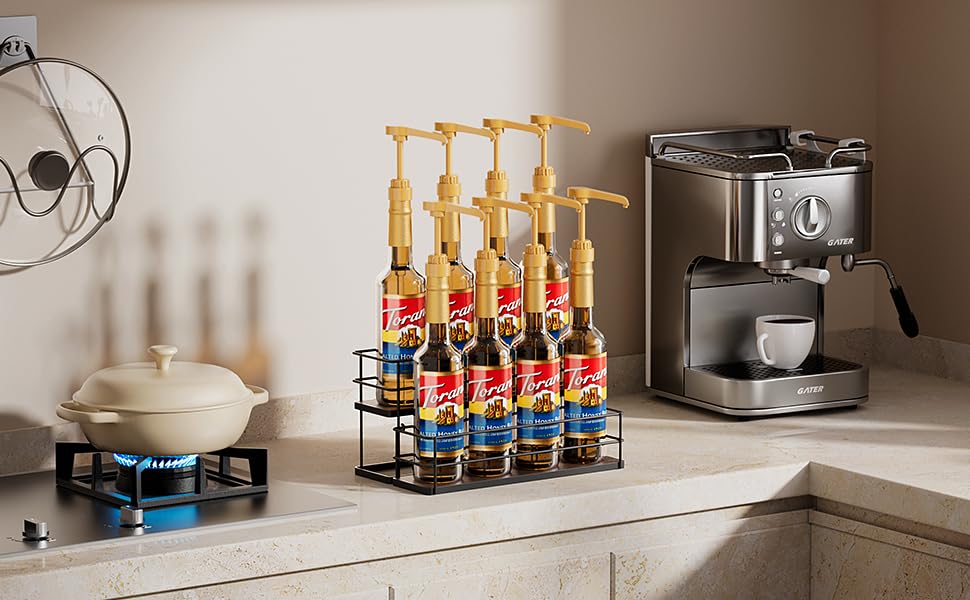 8 Bottle Capacity Coffee Syrup Organizer 2 Tier Coffee Syrup Stand Shelf for Coffee Bar Kitchen Small Wine Rack for Bar Family Storage for Syrup Wine Dressing (13.6 inch(es))