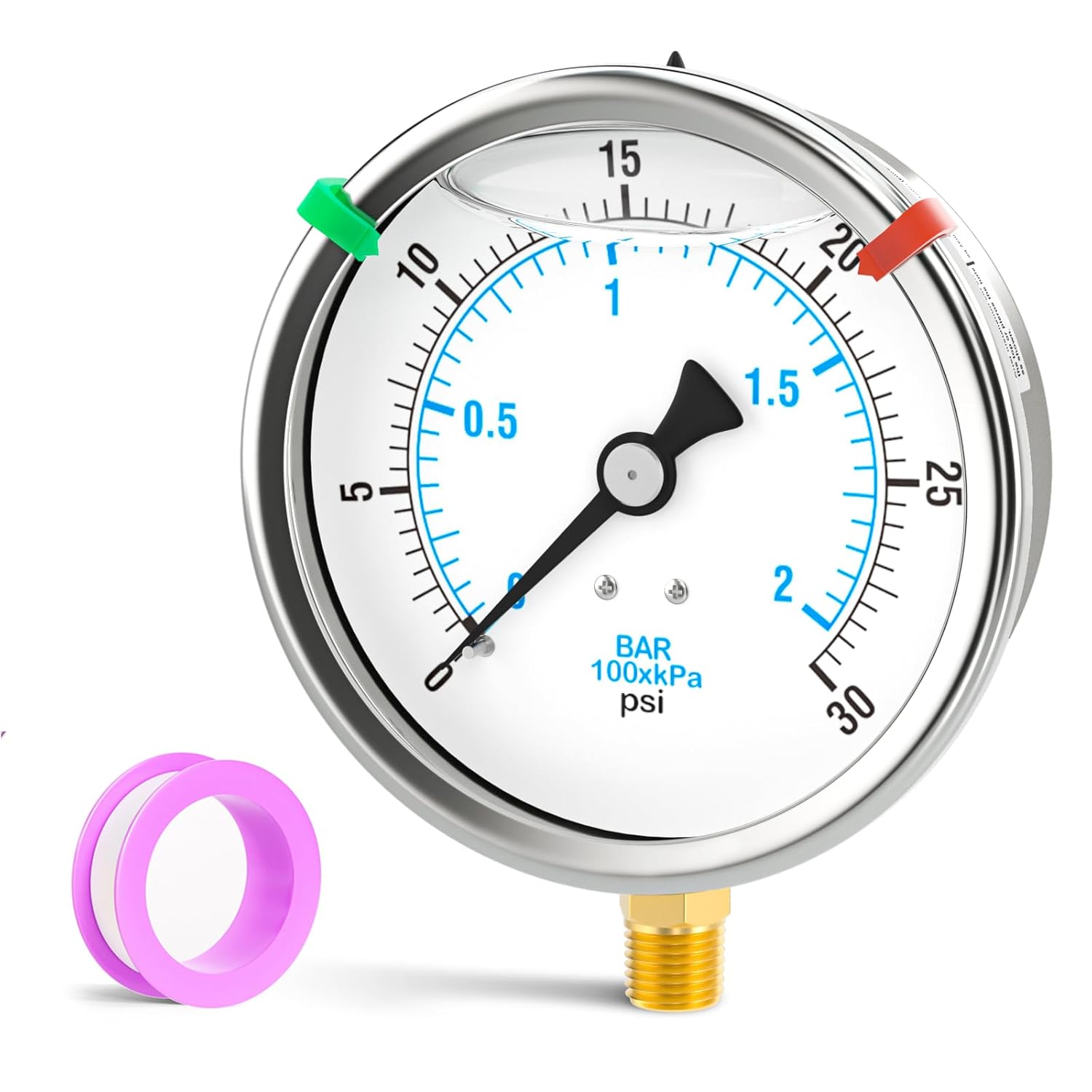 0-30PSI Stainless Steel Liquid Filled Pressure Gauge, 4