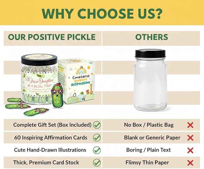 60 Positive Pickle Cards Jar for Daughter with Affirmation Cards, Daughters Birthday Gift Ideas from Mom, Dad, Daughter Gifts, Unique Birthday Gifts for Daughter in Law